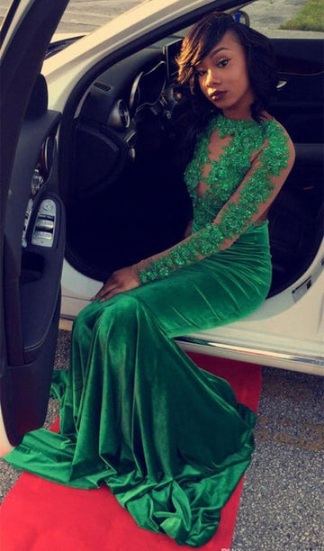 GORGEOUS GREEN LONG-SLEEVE LACE APPLIQUES SPLIT MERMAID PROM PARTY GOWNS HZ1023
